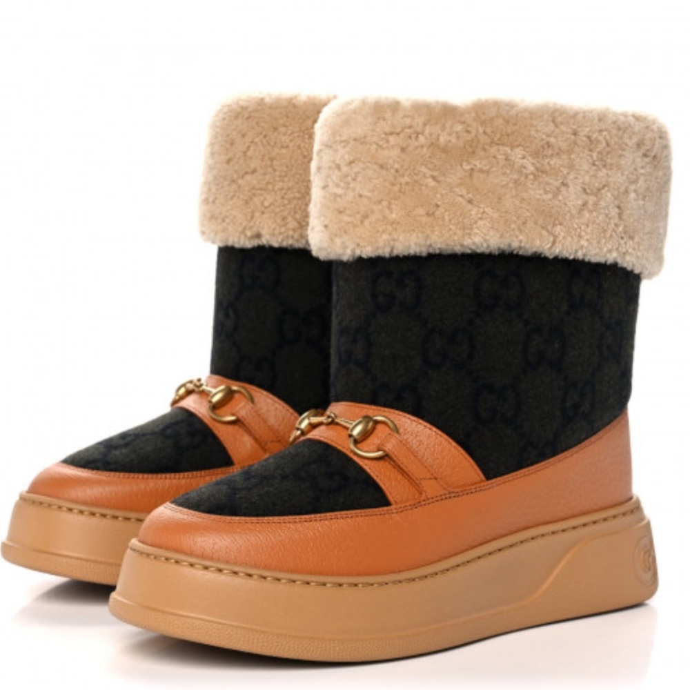 GUCCI Wool Monogram Shearling Horsebit Snow Boots